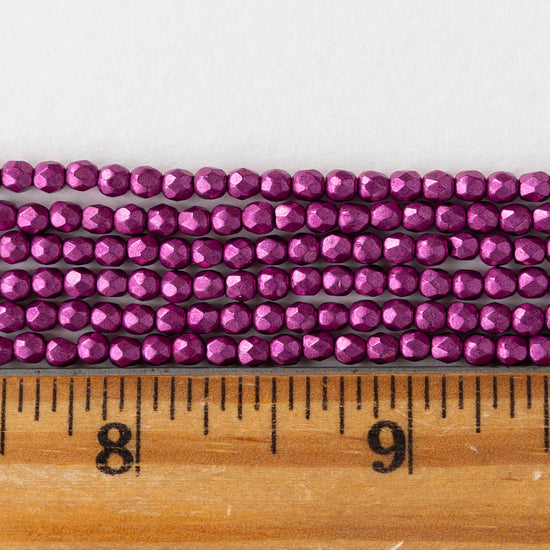 3mm Firepolished Round Beads - Sueded Gold Fuchsia Red - 50 Beads