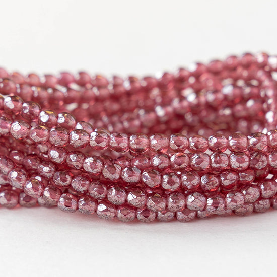 3mm Firepolished Round Beads - Pink Silver Luster - 50 Beads