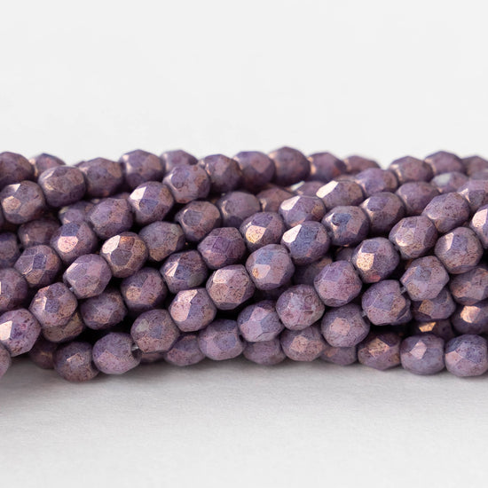 3mm Round Faceted Glass Beads - Opaque Purple Luster with Bronze - 50 Beads