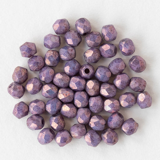 3mm Round Faceted Glass Beads - Opaque Purple Luster with Bronze - 50 Beads