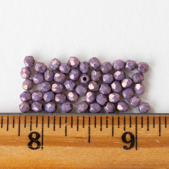 3mm Round Faceted Glass Beads - Opaque Purple Luster with Bronze - 50 Beads