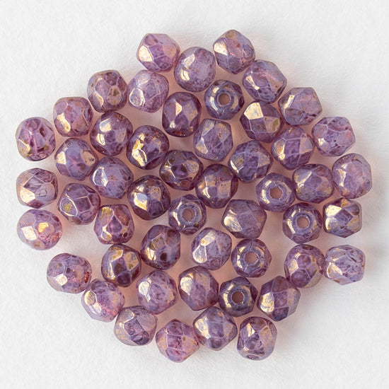 3mm Firepolished Round Beads - Purple Gold Luster - 50 Beads
