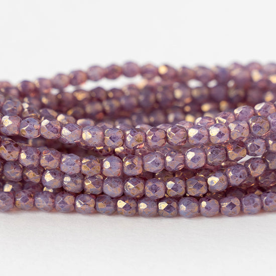 3mm Firepolished Round Beads - Purple Gold Luster - 50 Beads