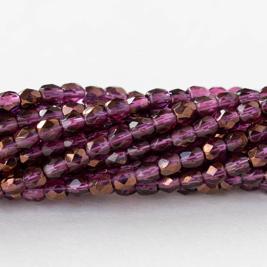 3mm Round Faceted Glass Beads - Transparent Raspberry Bronze - 50 Beads