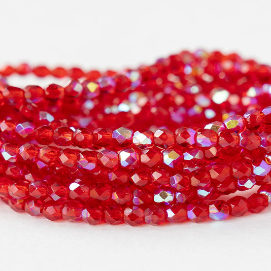 3mm Firepolished Round Beads - Red AB - 50 Beads