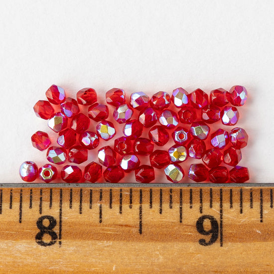 3mm Firepolished Round Beads - Red AB - 50 Beads