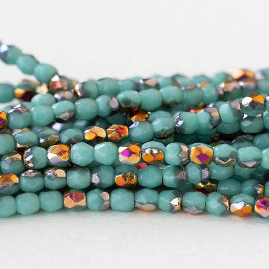 3mm Round Faceted Glass Beads - Opaque Turquoise with Iridescent Gold - 50 Beads