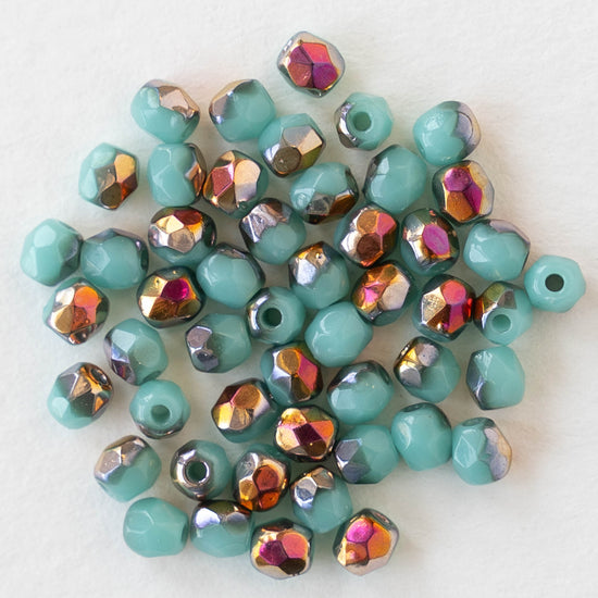 3mm Round Faceted Glass Beads - Opaque Turquoise with Iridescent Gold - 50 Beads