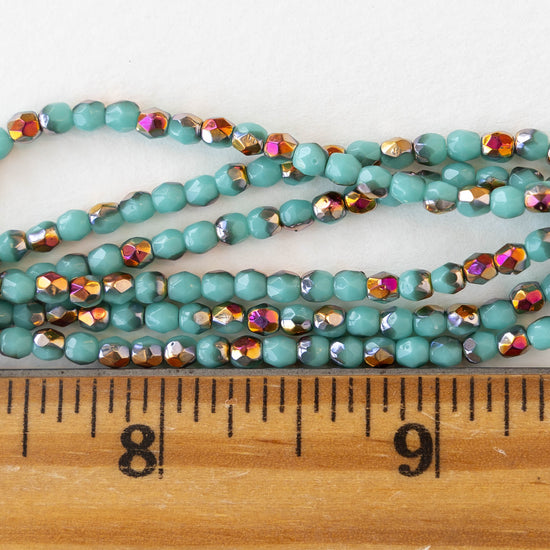 3mm Round Faceted Glass Beads - Opaque Turquoise with Iridescent Gold - 50 Beads