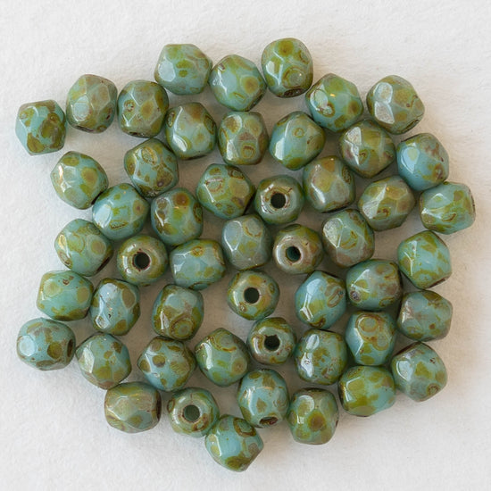 3mm Round Faceted Glass Beads - Opaque Turquoise Picasso - 50 Beads