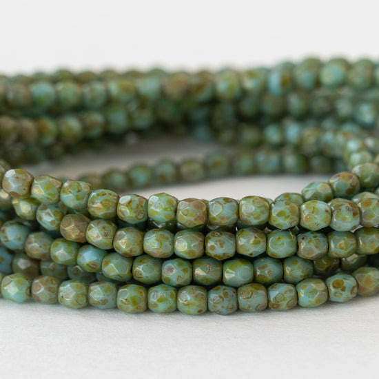 3mm Round Faceted Glass Beads - Opaque Turquoise Picasso - 50 Beads