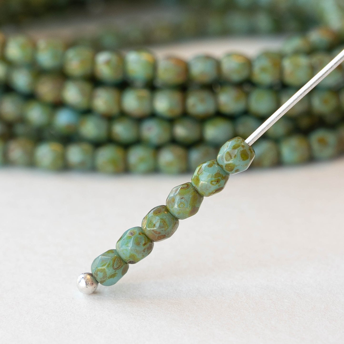 3mm Round Faceted Glass Beads - Opaque Turquoise Picasso - 50 Beads