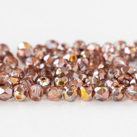 3mm Round Faceted Glass Beads - Transparent Peach with a Metallic Finish - 100 Beads