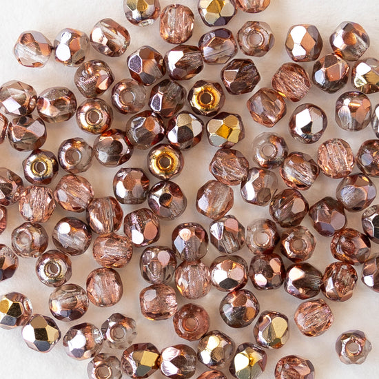 3mm Round Faceted Glass Beads - Transparent Peach with a Metallic Finish - 100 Beads