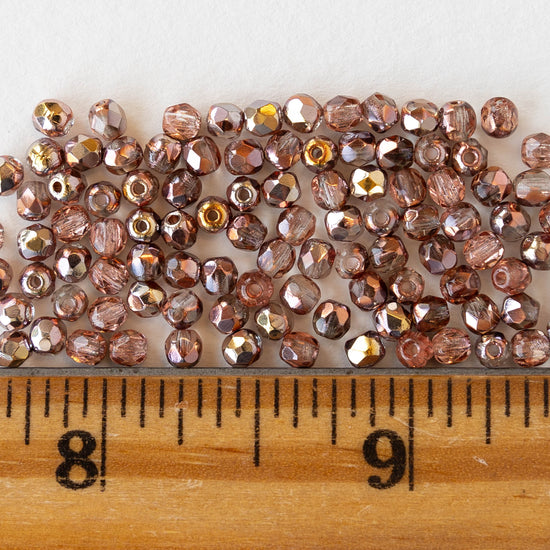 3mm Round Faceted Glass Beads - Transparent Peach with a Metallic Finish - 100 Beads