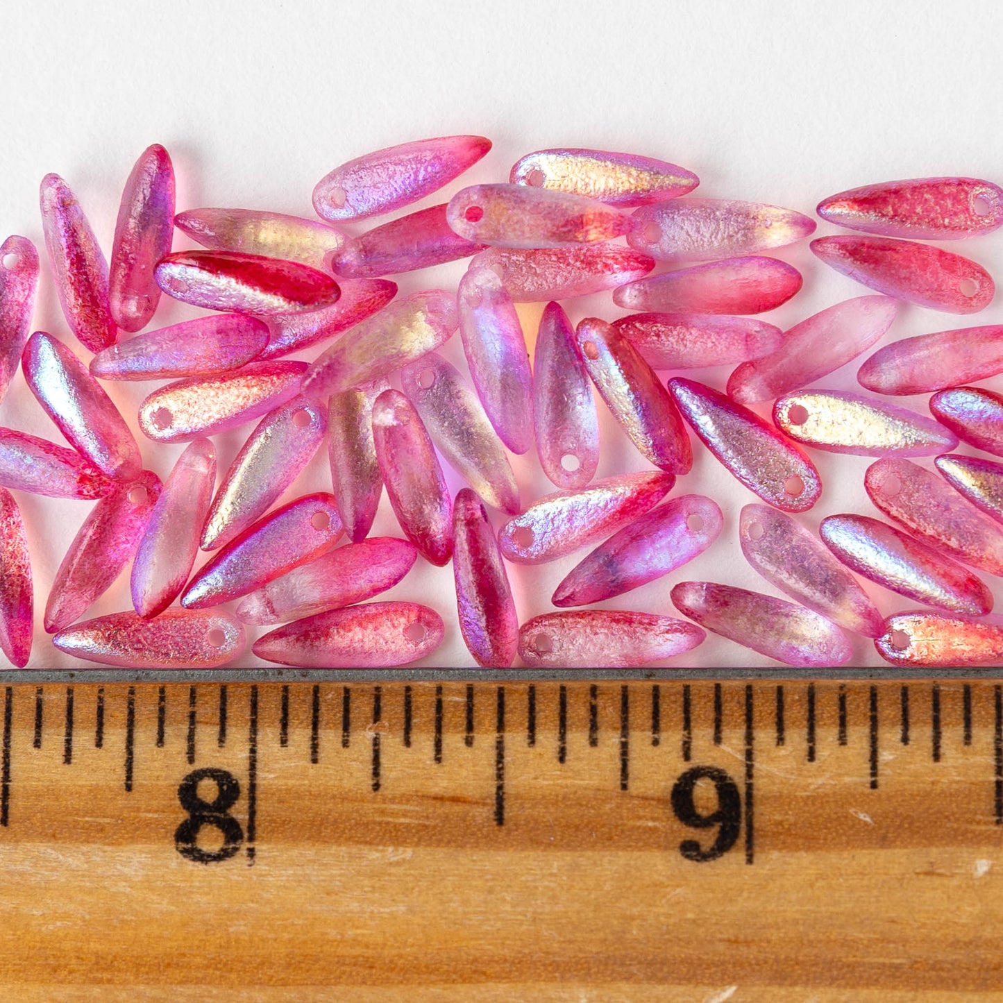 3x11mm Glass Dagger Beads - Etched Pink Mix AB - 25 beads
