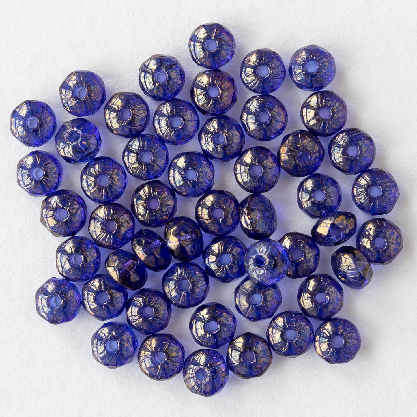 4mm Faceted Glass Rondelle Beads - Transparent Cobalt with a Gold  Finish- 50 beads