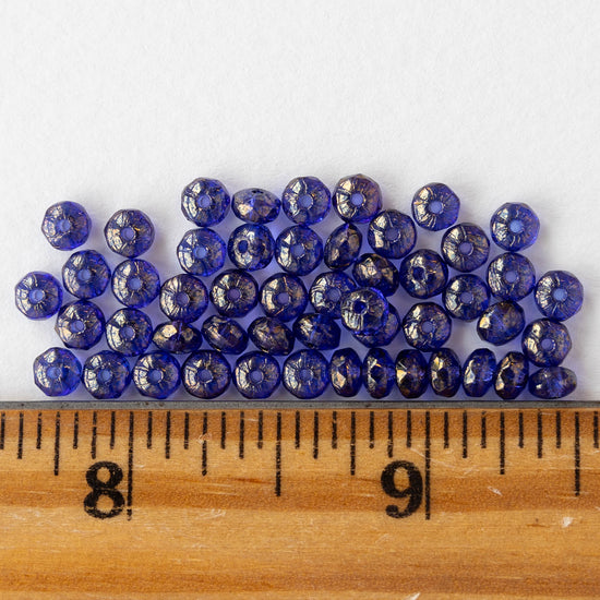 4mm Faceted Glass Rondelle Beads - Transparent Cobalt with a Gold  Finish- 50 beads