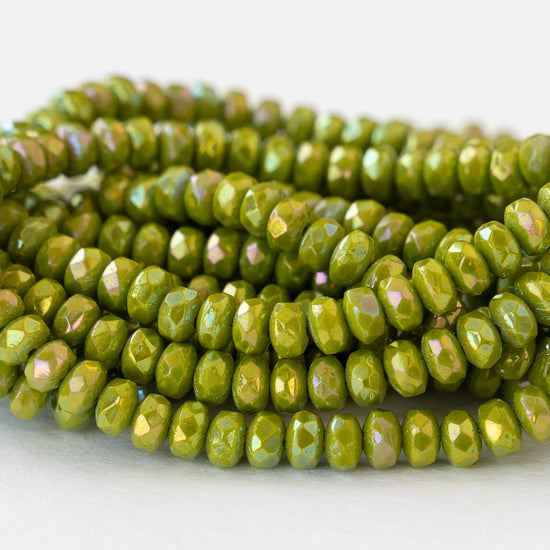 4mm Faceted Glass Rondelle Beads - Opaque Lime Green AB - 50 beads