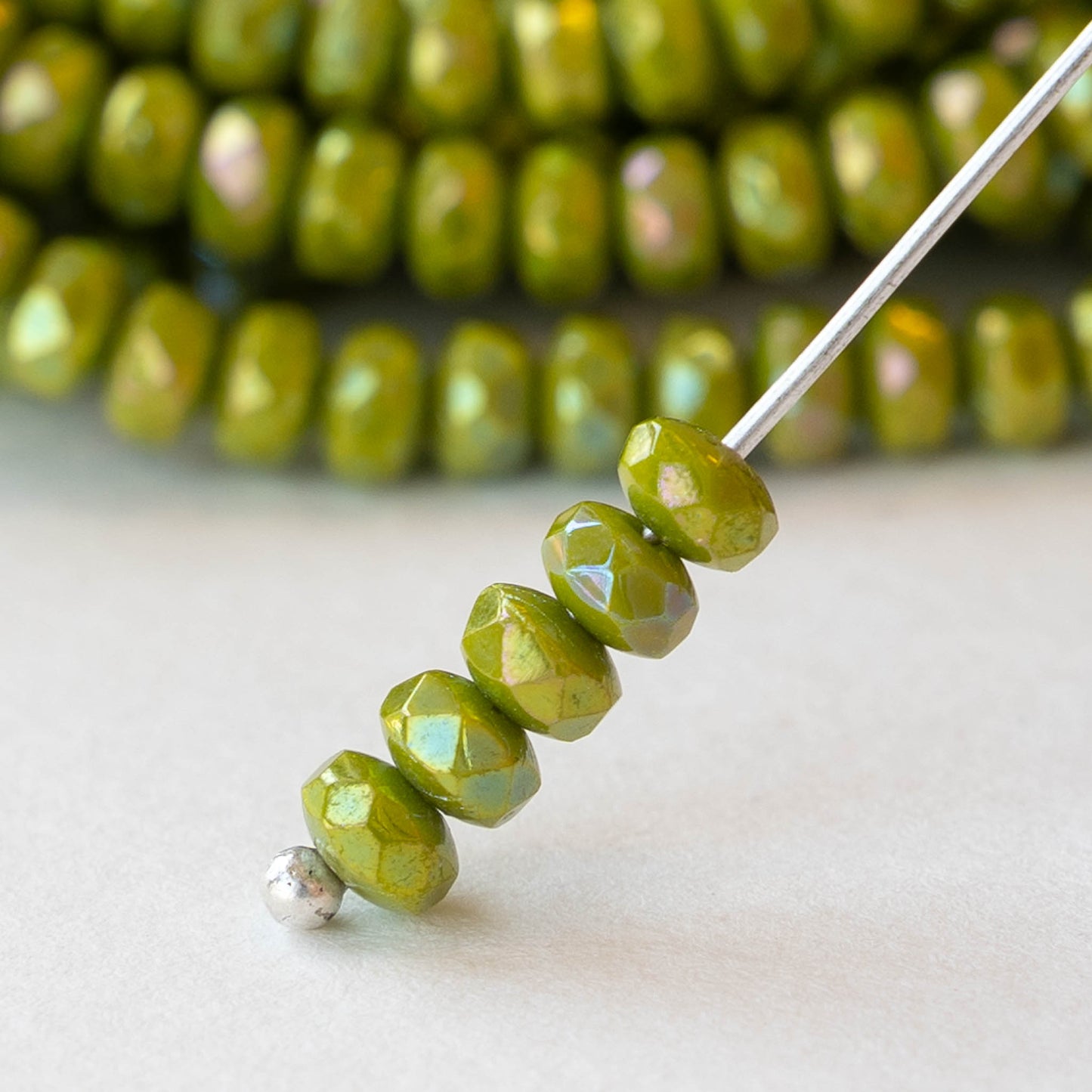 4mm Faceted Glass Rondelle Beads - Opaque Lime Green AB - 50 beads