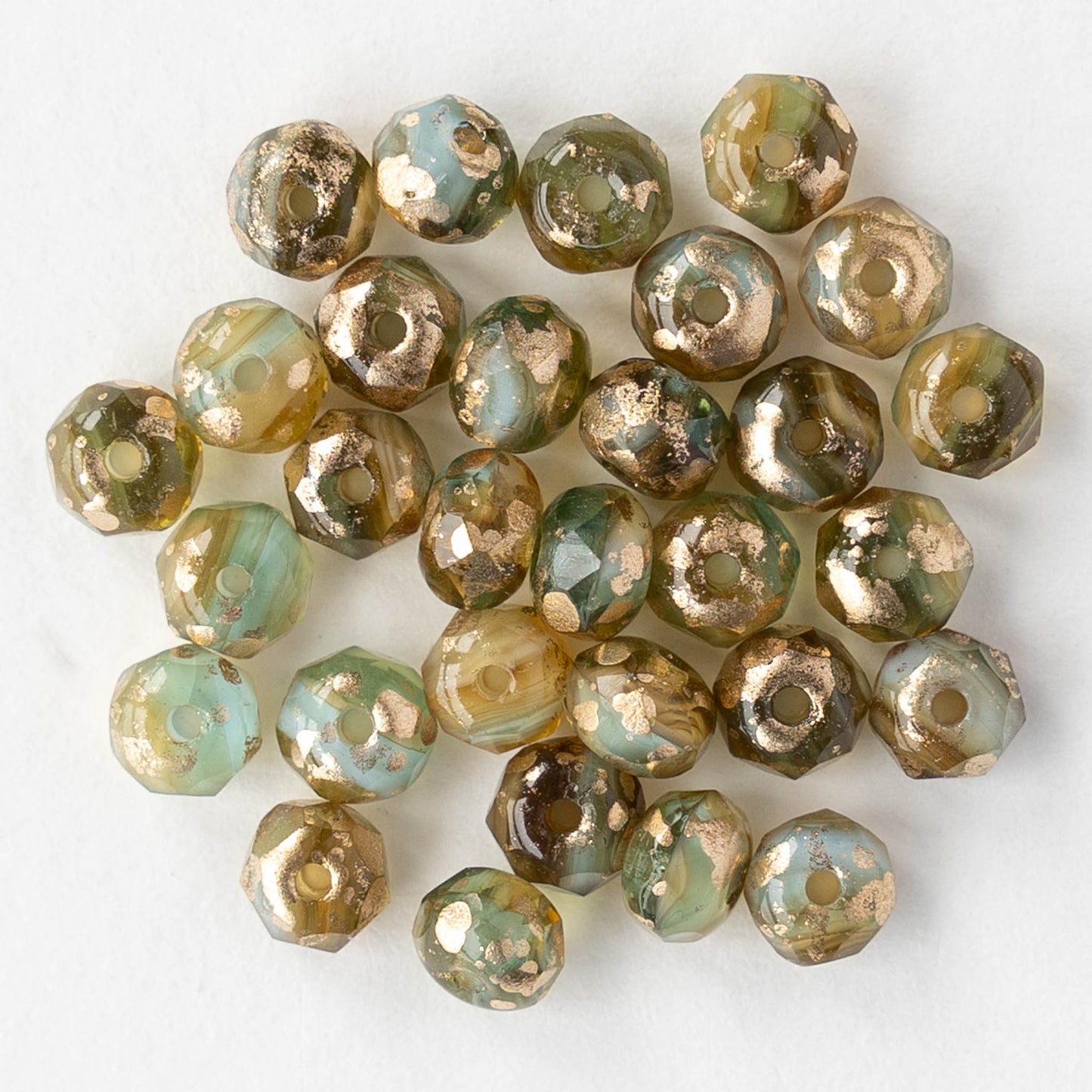 3x5mm Faceted Glass Rondelle Beads - Amber and Aqua with an Antique Gold Finish - 30 Beads