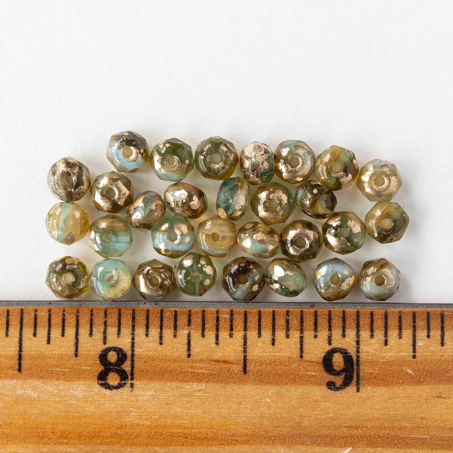 3x5mm Faceted Glass Rondelle Beads - Amber and Aqua with an Antique Gold Finish - 30 Beads