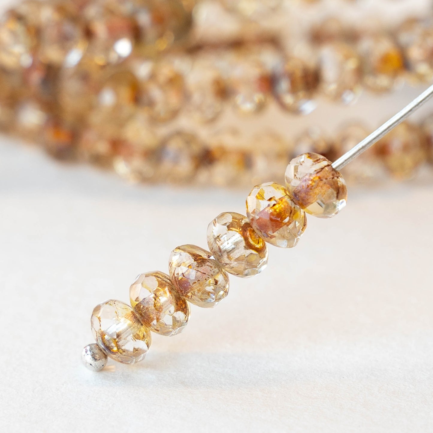 3x5mm Faceted Glass Rondelle Beads - Amber Lined Crystal - 30 Beads