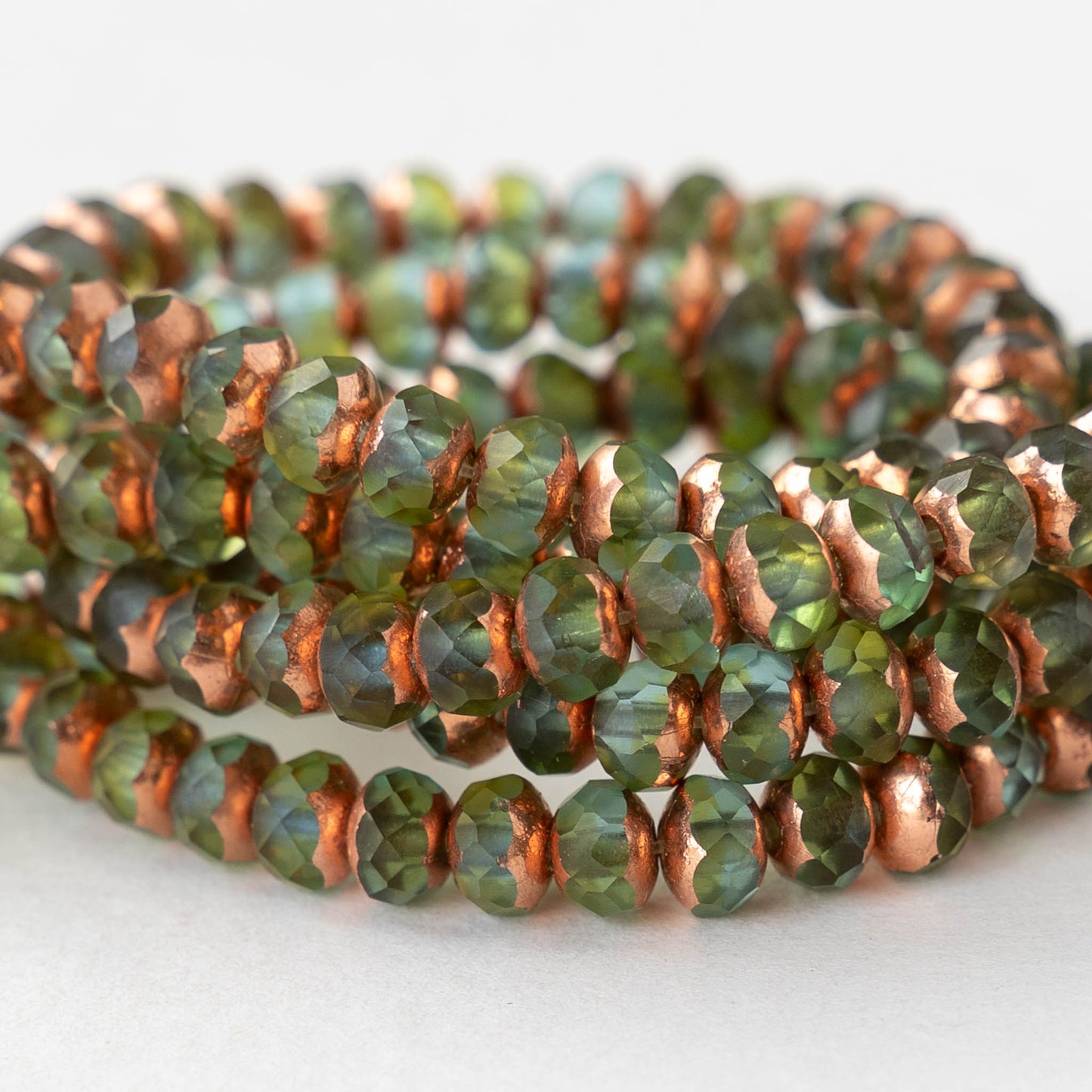 3x5mm Faceted Glass Rondelle Beads - Transparent Green Blue with Copper - 30 Beads