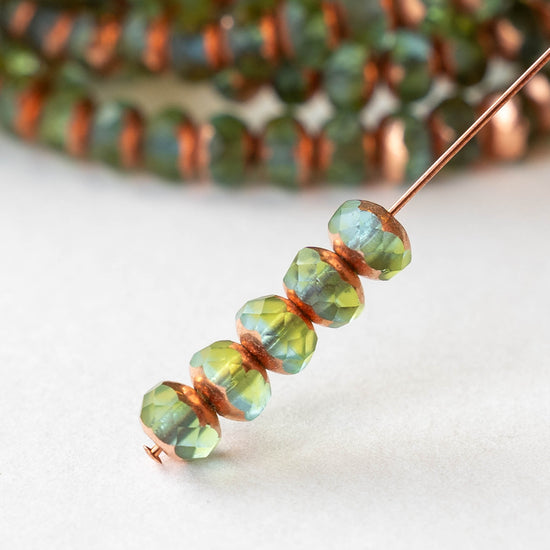 3x5mm Faceted Glass Rondelle Beads - Transparent Green Blue with Copper - 30 Beads