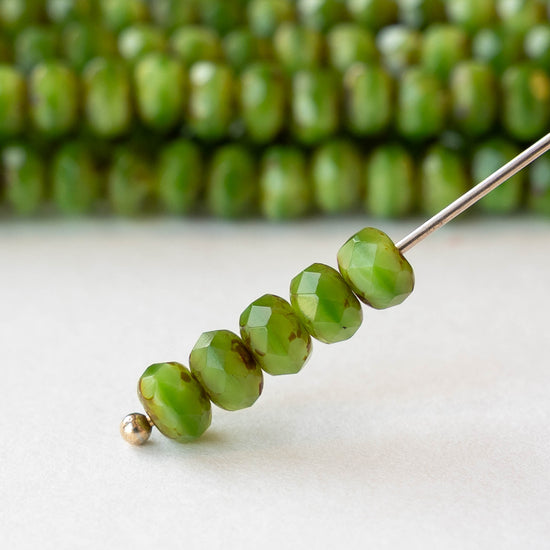 3x5mm Faceted Glass Rondelle Beads - Green Picasso - 27 Beads