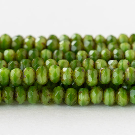 3x5mm Faceted Glass Rondelle Beads - Green Picasso - 27 Beads