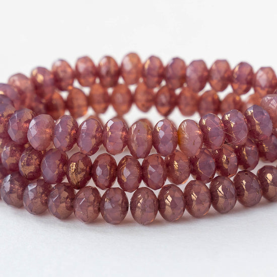 3x5mm Faceted Glass Rondelle Beads - Opaline Rosewood with Gold Finish - 30
