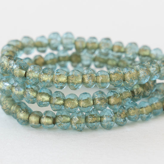 5mm Faceted Glass Rondelle Beads - Gold Lined Seafoam - 30 beads