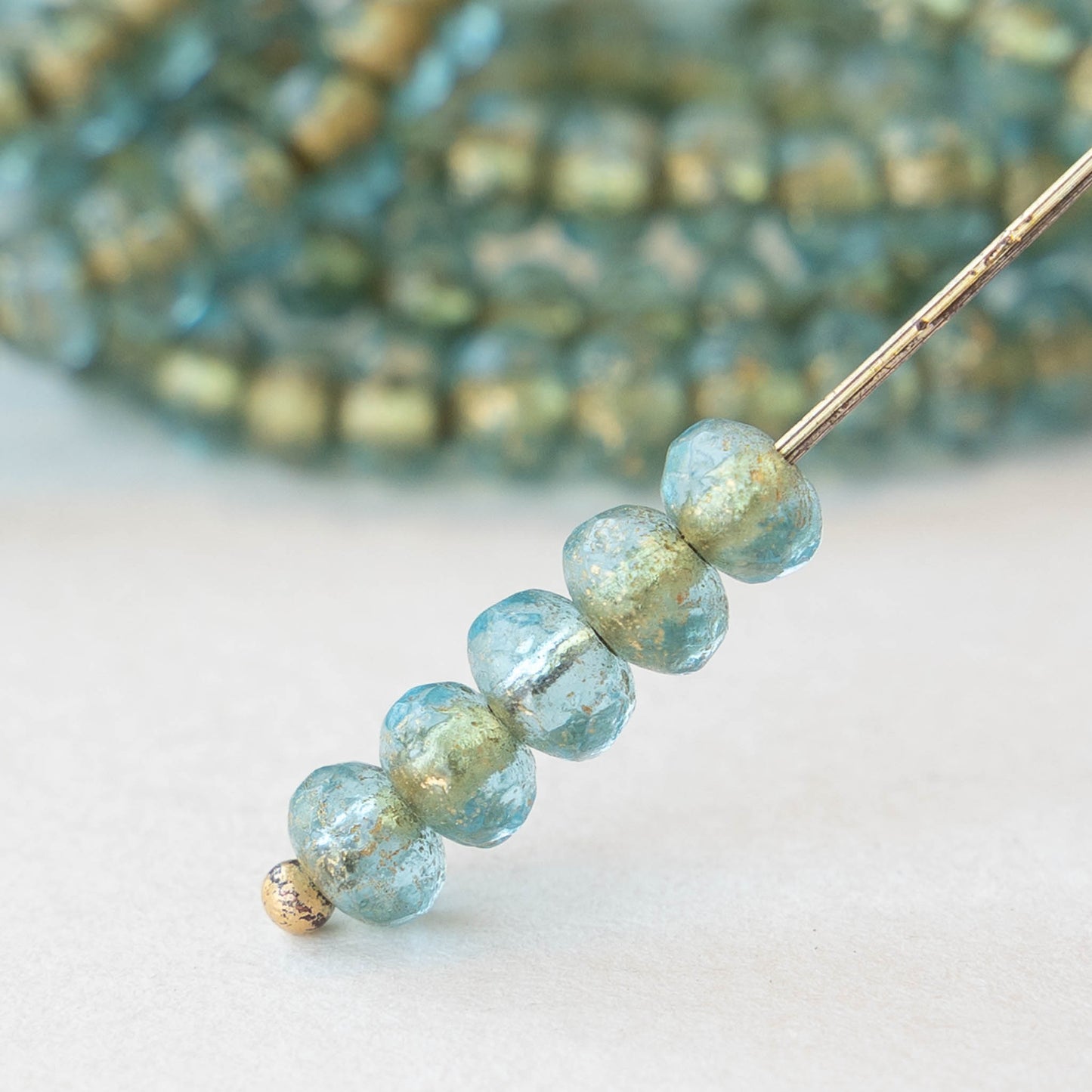 5mm Faceted Glass Rondelle Beads - Gold Lined Seafoam - 30 beads