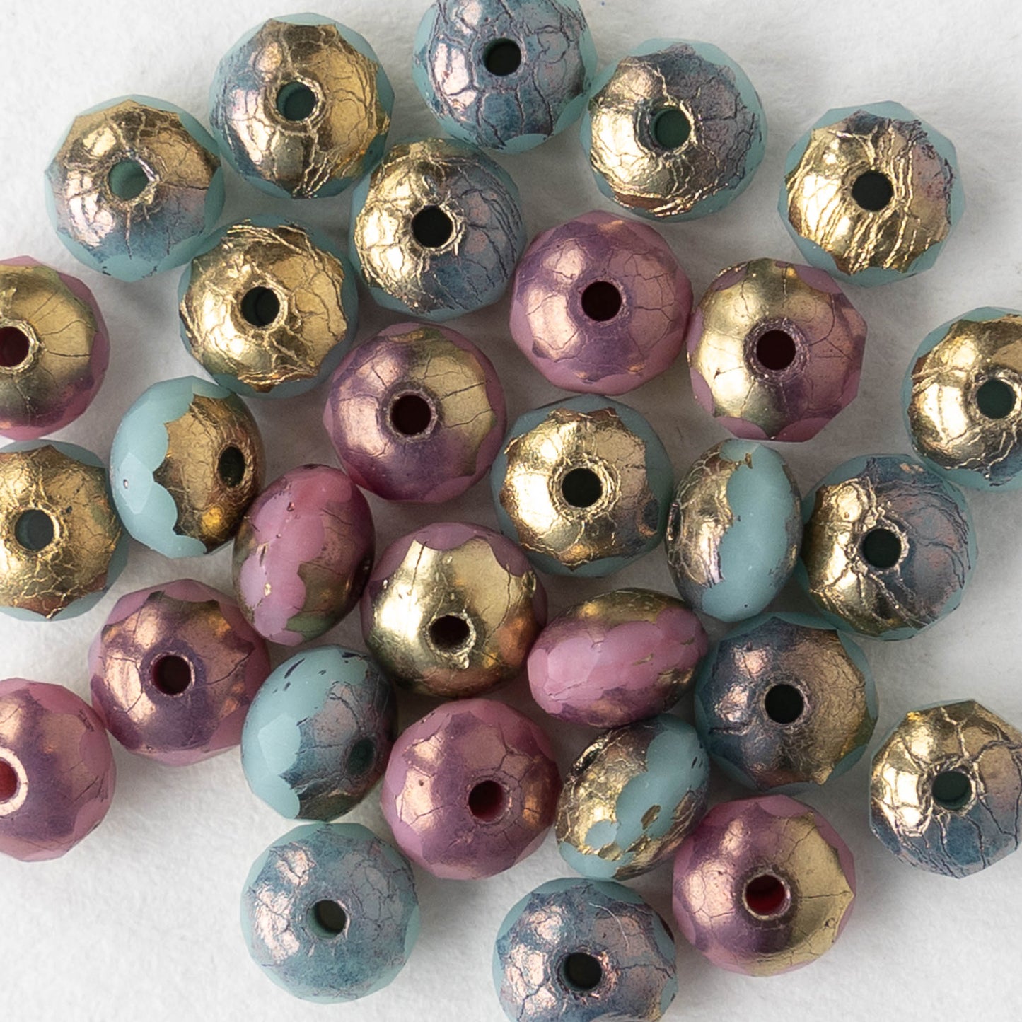 3x5mm Firepolished Glass Rondelles - Opaque Seafoam Pink Mix with Gold - 30 Beads