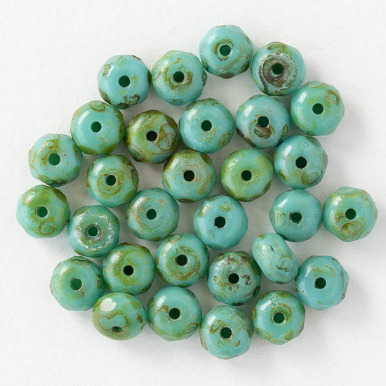 3x5mm Faceted Glass Rondelle Beads - Opaque Turquoise Picasso - 30 Beads