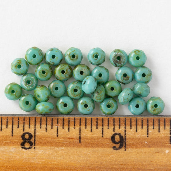 3x5mm Faceted Glass Rondelle Beads - Opaque Turquoise Picasso - 30 Beads