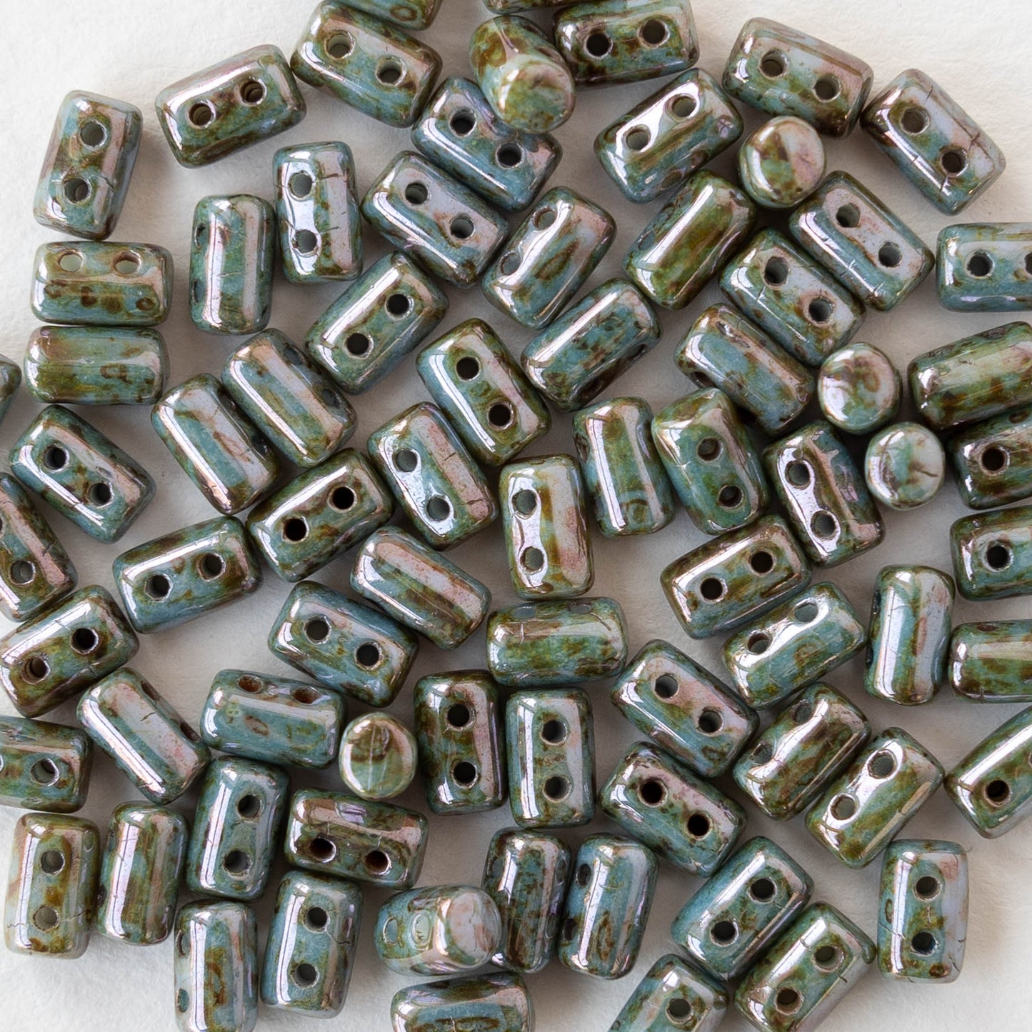 3x5mm Two Hole Rulla Beads - Opaque Green Picasso Luster - 10 grams