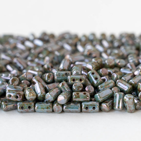 3x5mm Two Hole Rulla Beads - Opaque Green Picasso Luster - 10 grams