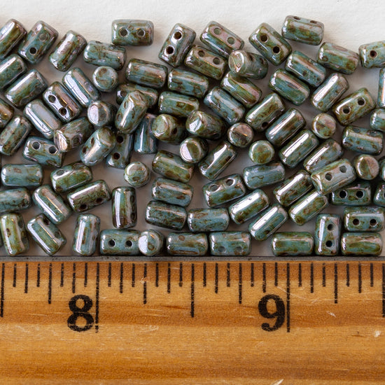 3x5mm Two Hole Rulla Beads - Opaque Green Picasso Luster - 10 grams