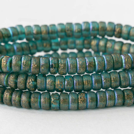 3x6mm Glass Heishi Beads - Etched Green Gold AB - 25 beads