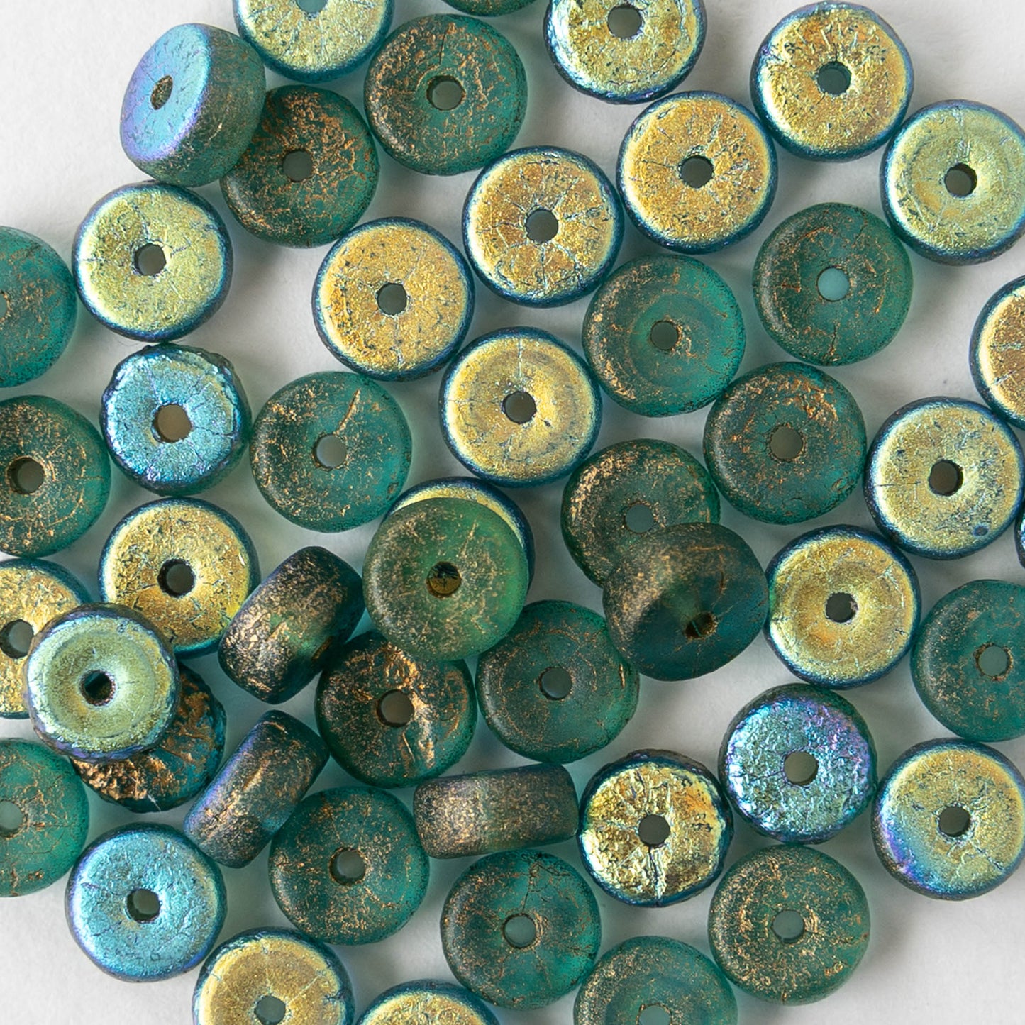 3x6mm Glass Heishi Beads - Etched Green Gold AB - 25 beads