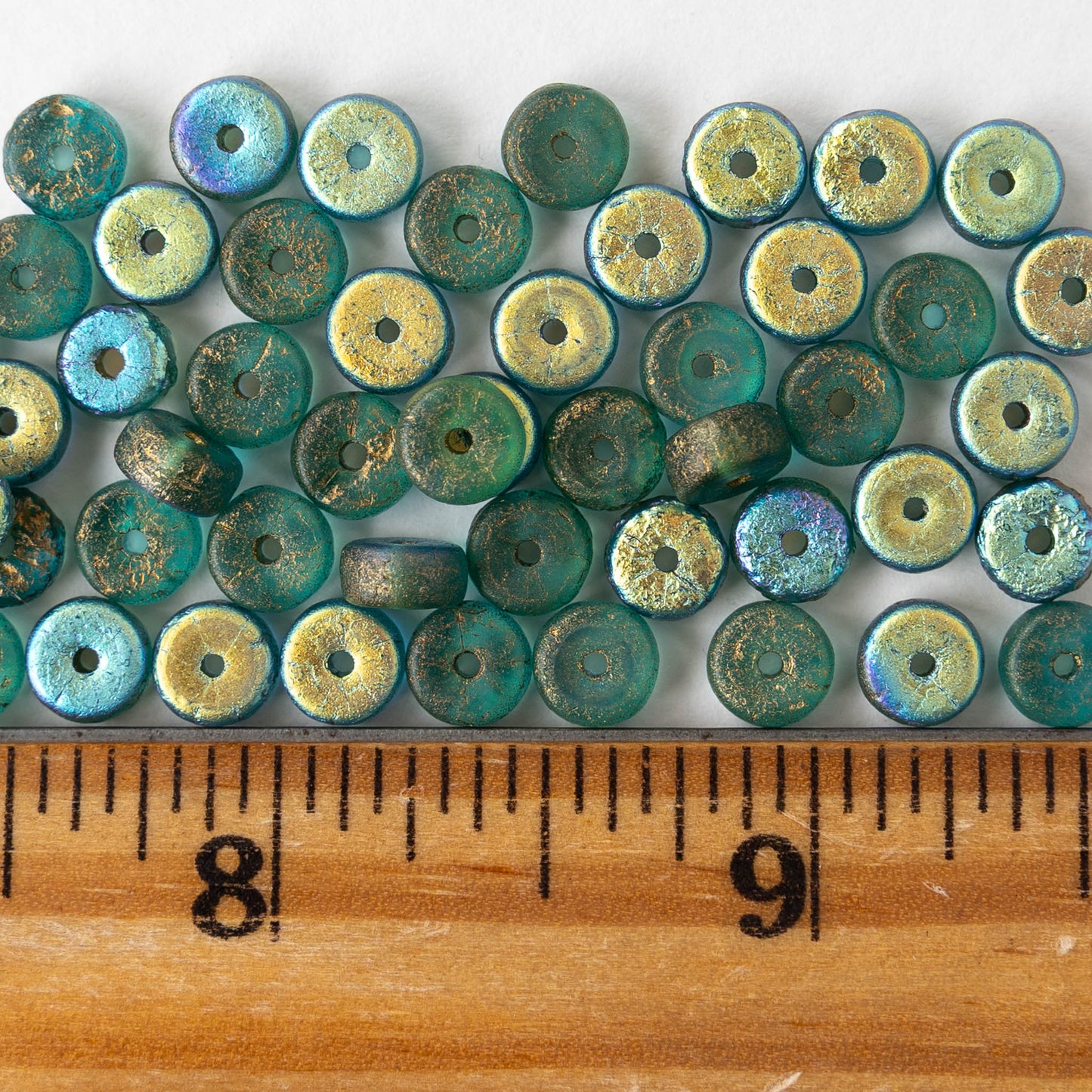 3x6mm Glass Heishi Beads - Etched Green Gold AB - 25 beads