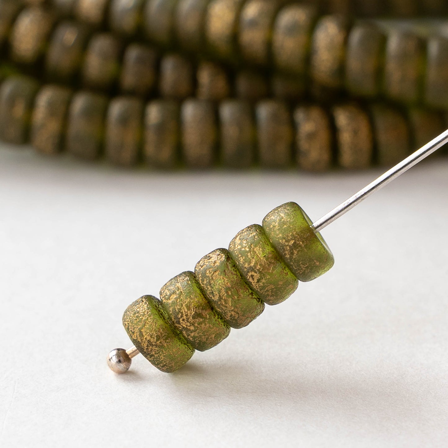 3x6mm Glass Heishi Beads - Etched Green Gold - 25 beads