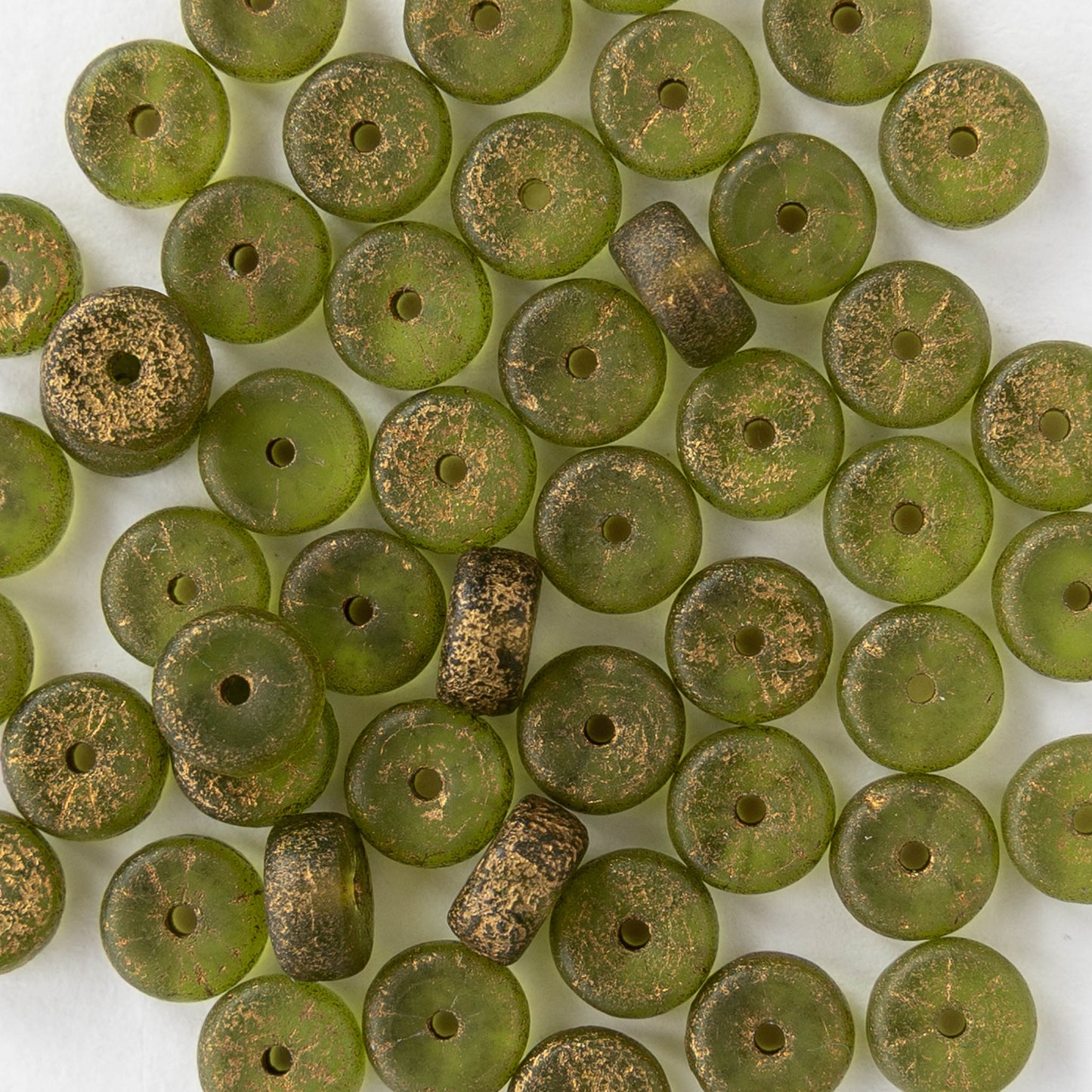 3x6mm Glass Heishi Beads - Etched Green Gold - 25 beads