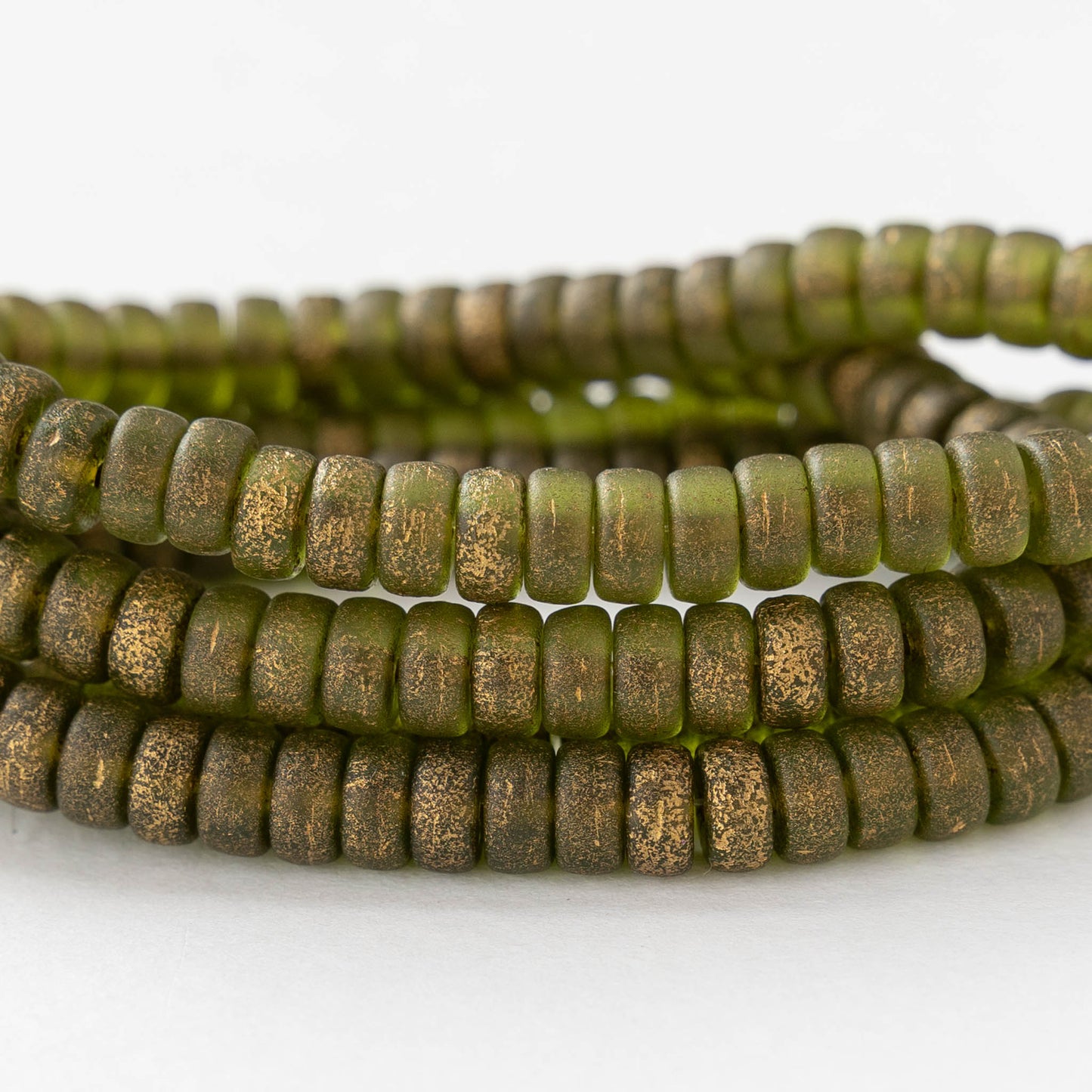 3x6mm Glass Heishi Beads - Etched Green Gold - 25 beads