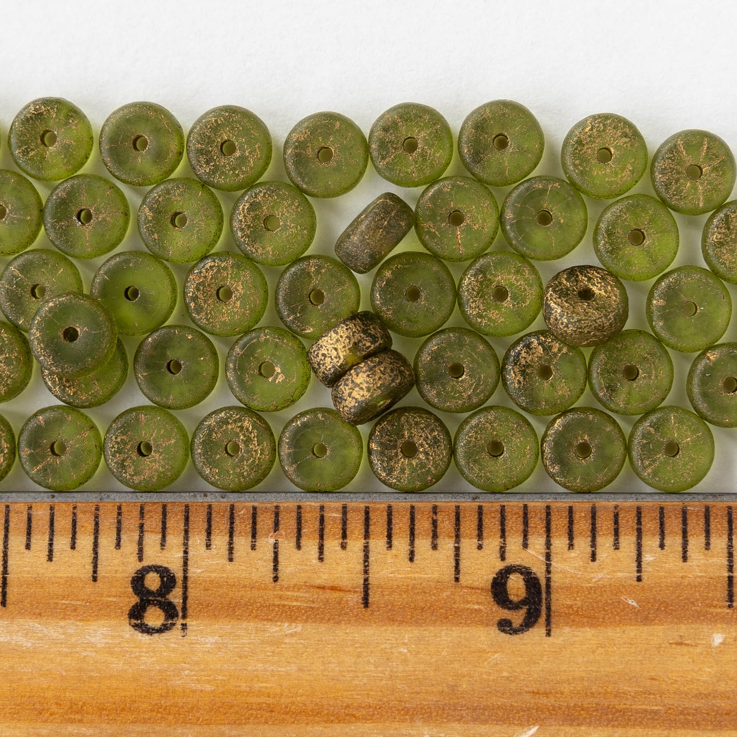 3x6mm Glass Heishi Beads - Etched Green Gold - 25 beads