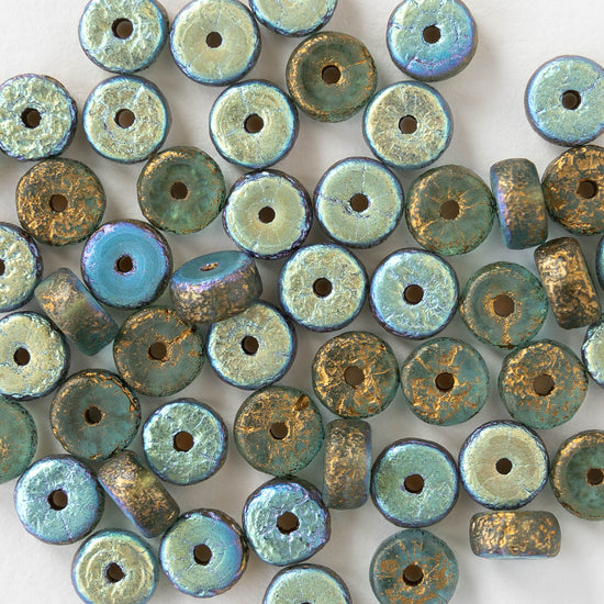 6mm Glass Heishi Beads - Etched Seafoam Gold AB - 25 Beads