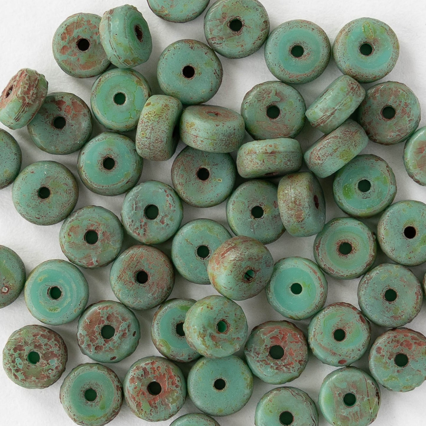 3x6mm Glass Heishi Beads - Etched Turquoise with Red Wash - 25 beads
