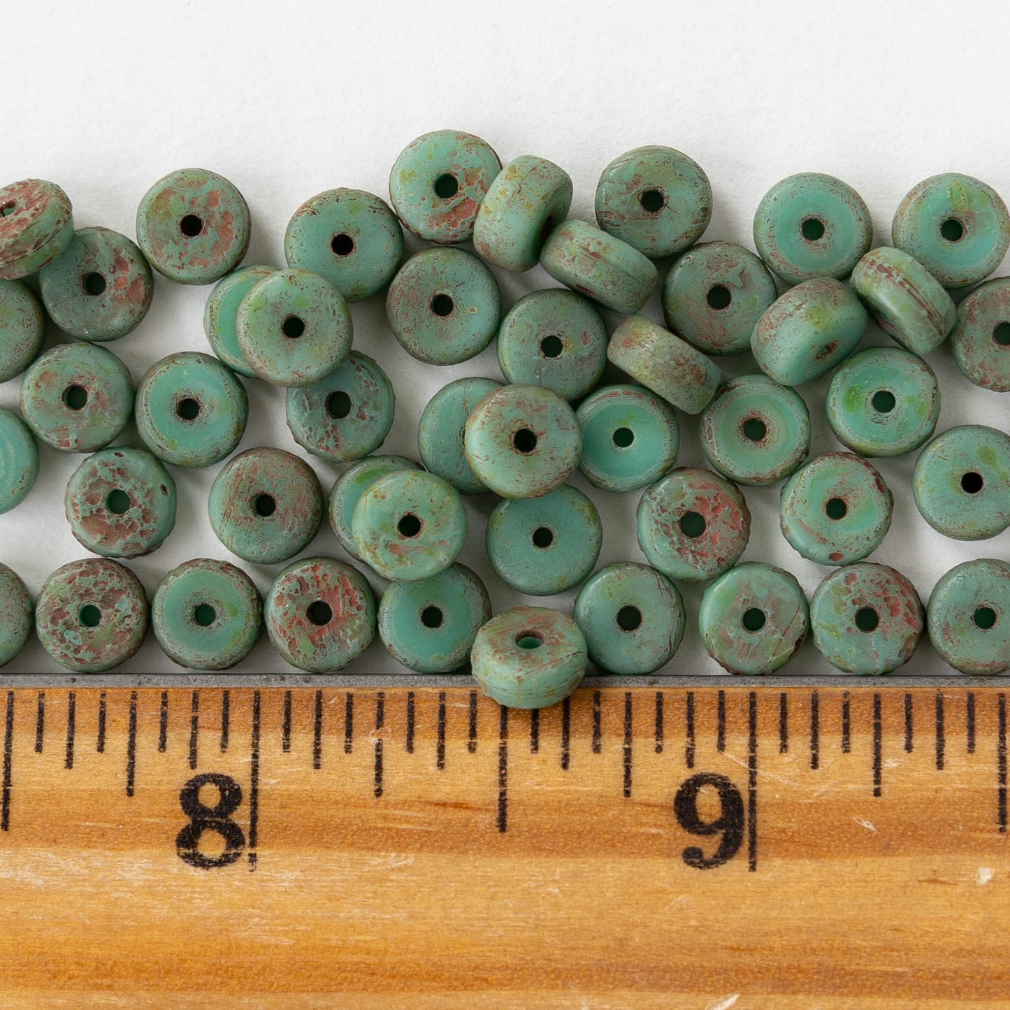 3x6mm Glass Heishi Beads - Etched Turquoise with Red Wash - 25 beads